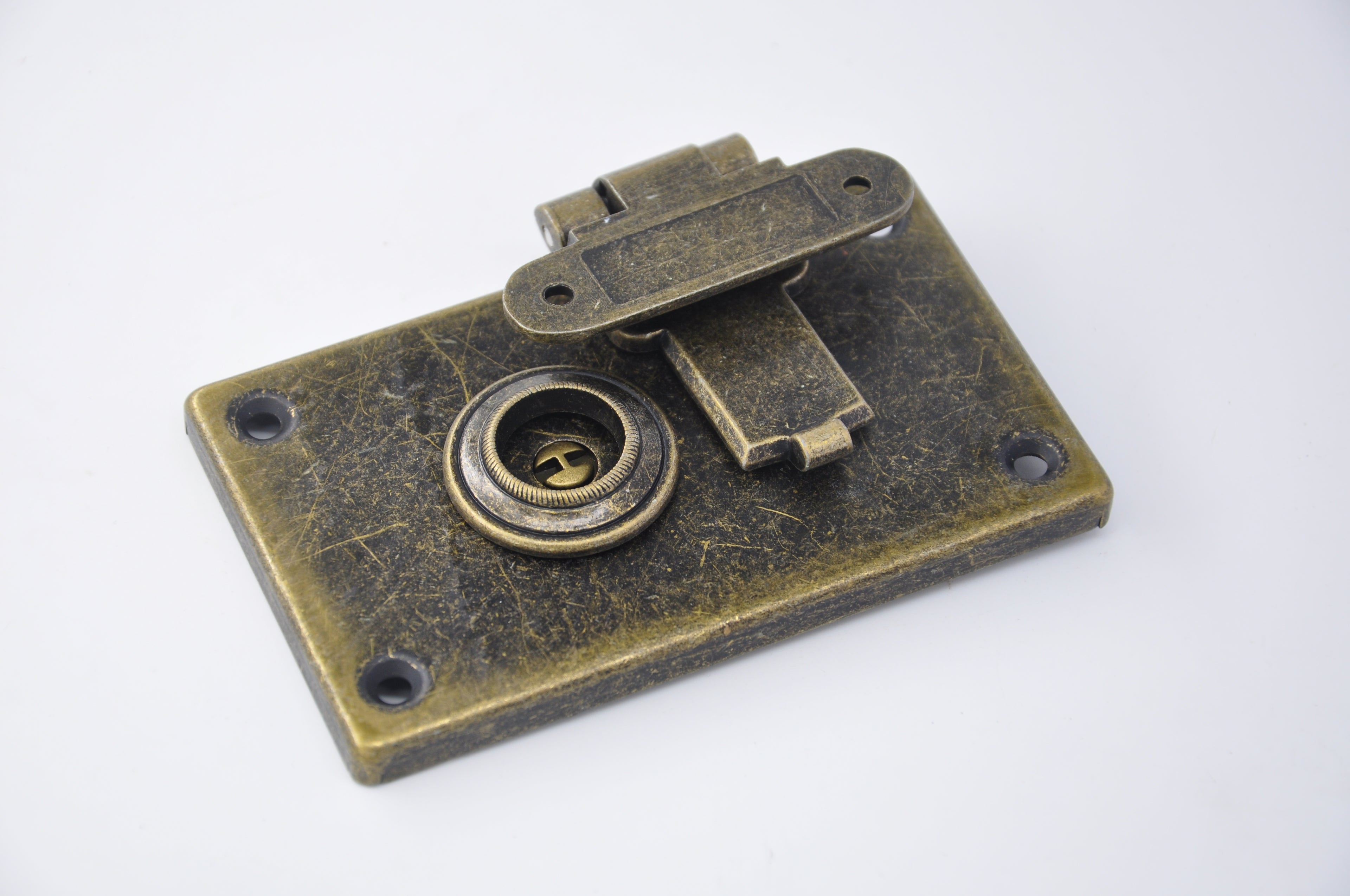 Vintage Rotary Box Lock with Keyhole — 85.5×87mm Antique Brass Bag Hardware