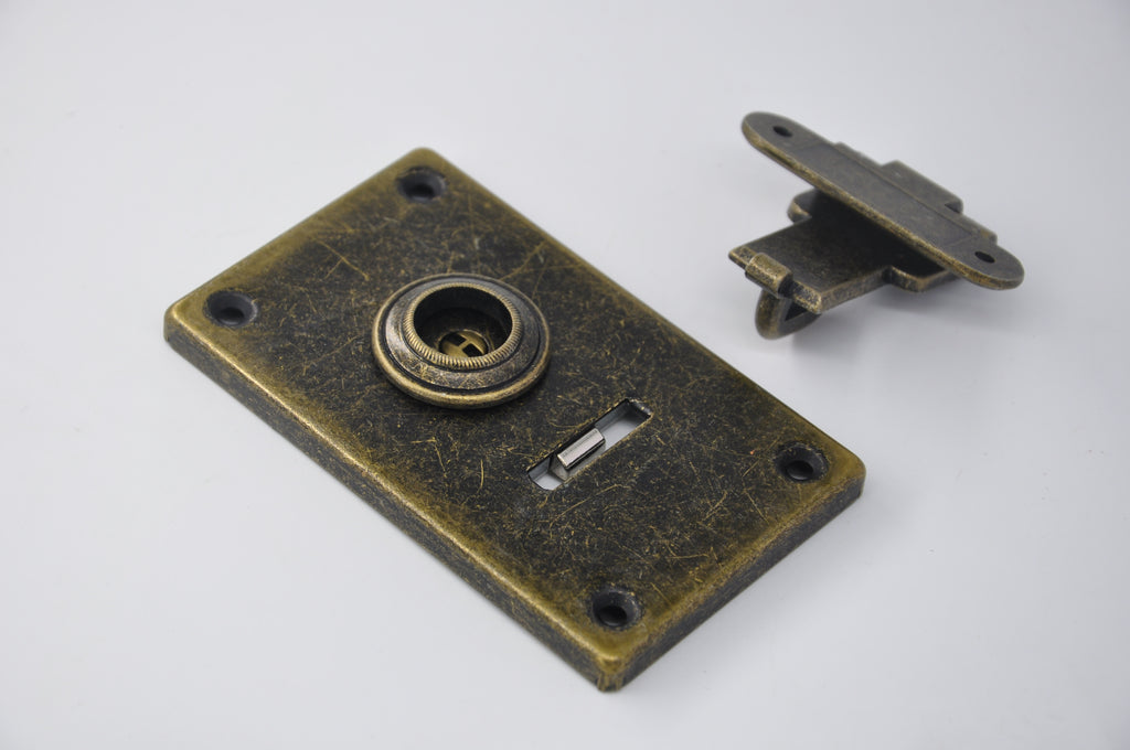 Vintage Rotary Box Lock with Keyhole — 85.5×87mm Antique Brass Bag Hardware