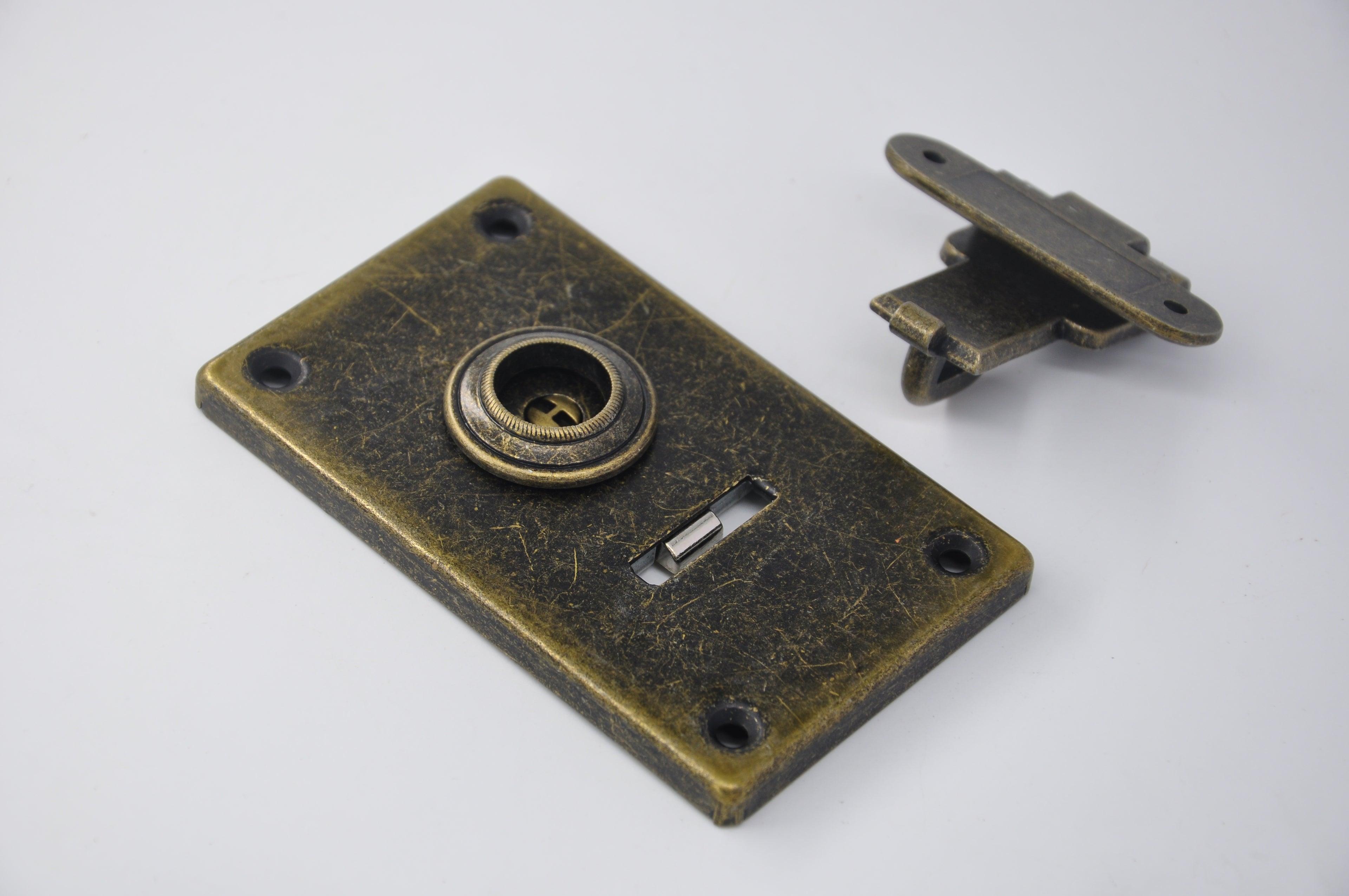 Vintage Rotary Box Lock with Keyhole — 85.5×87mm Antique Brass Bag Hardware