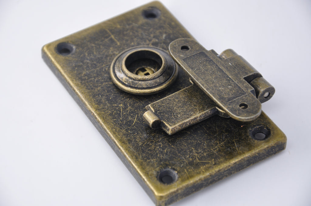 Vintage Rotary Box Lock with Keyhole — 85.5×87mm Antique Brass Bag Hardware