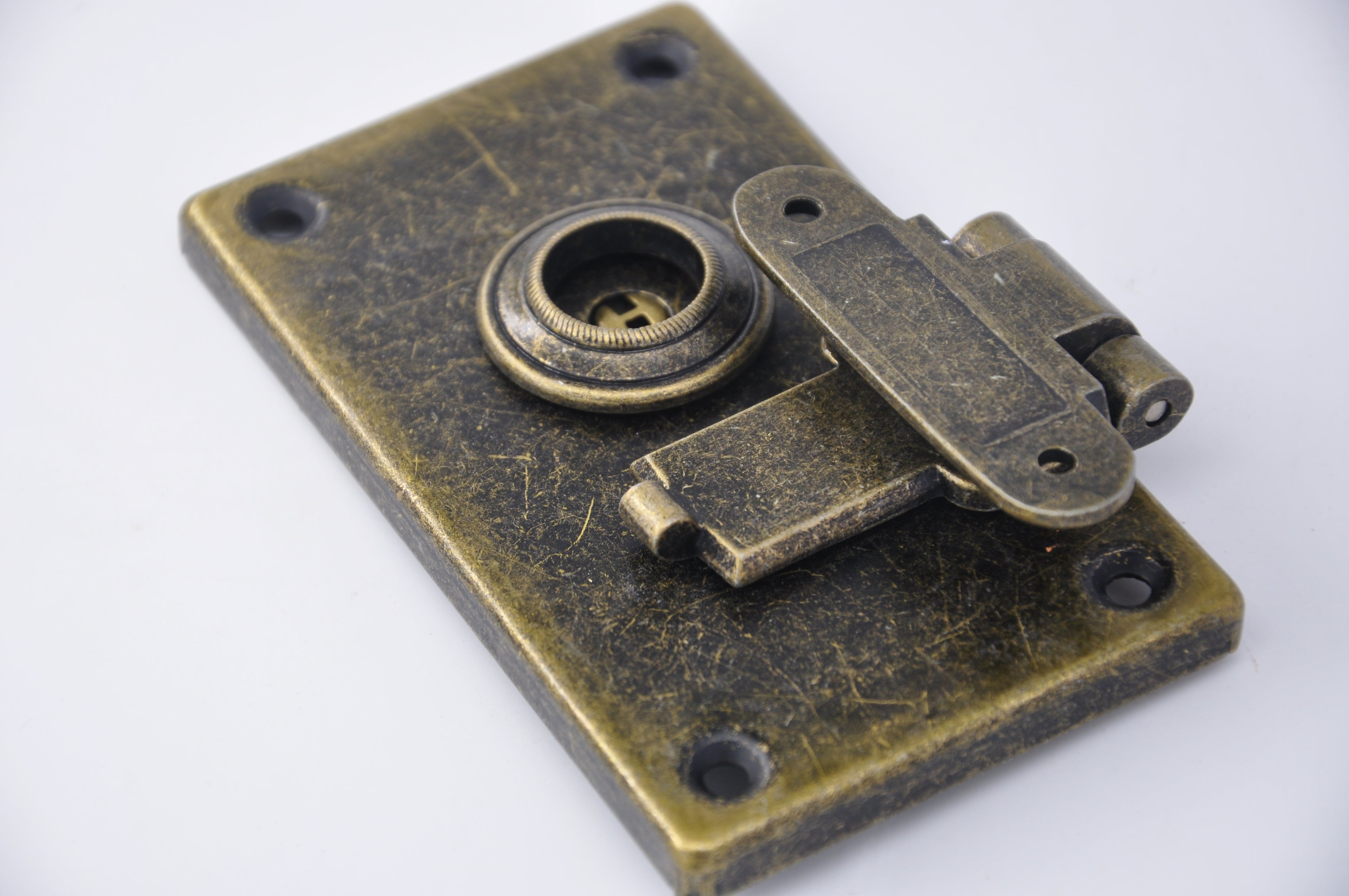 Vintage Rotary Box Lock with Keyhole — 85.5×87mm Antique Brass Bag Hardware