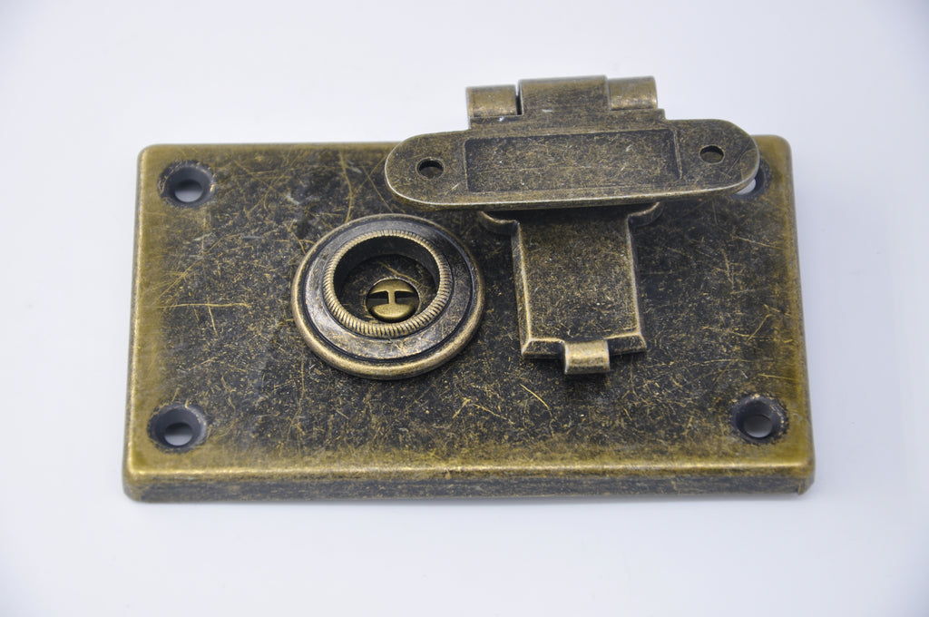 Vintage Rotary Box Lock with Keyhole — 85.5×87mm Antique Brass Bag Hardware