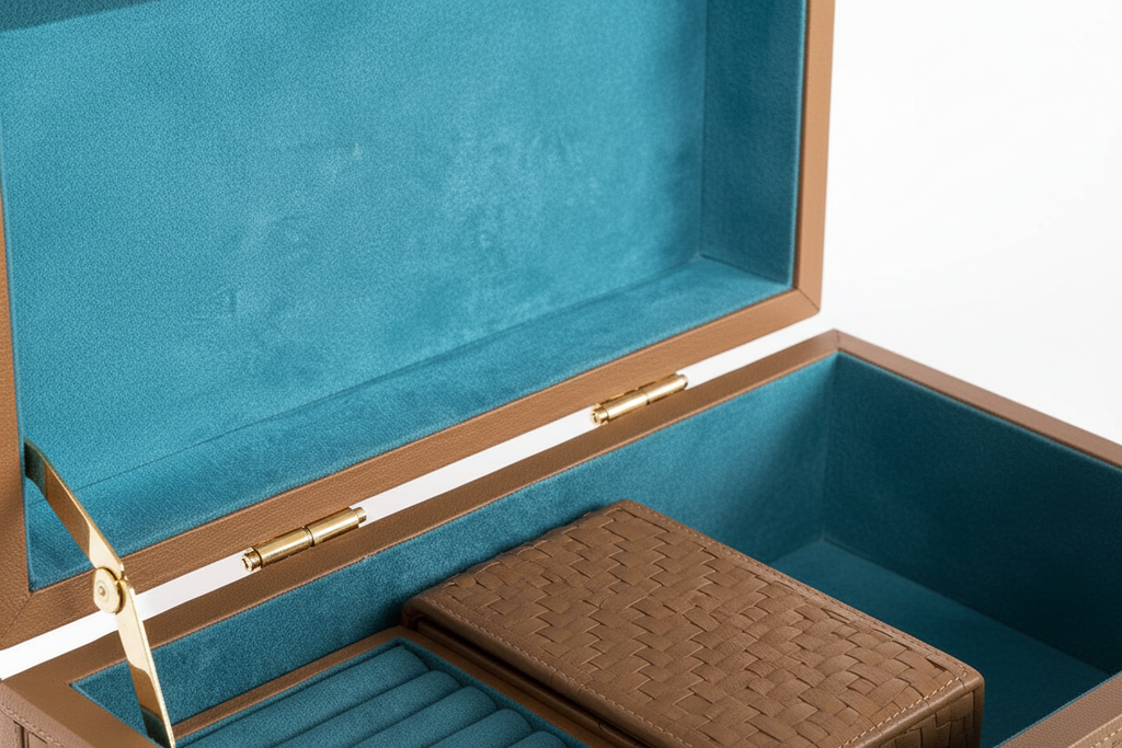 Gold metal lid stay hinge installed inside luxury leather trunk lifestyle photo